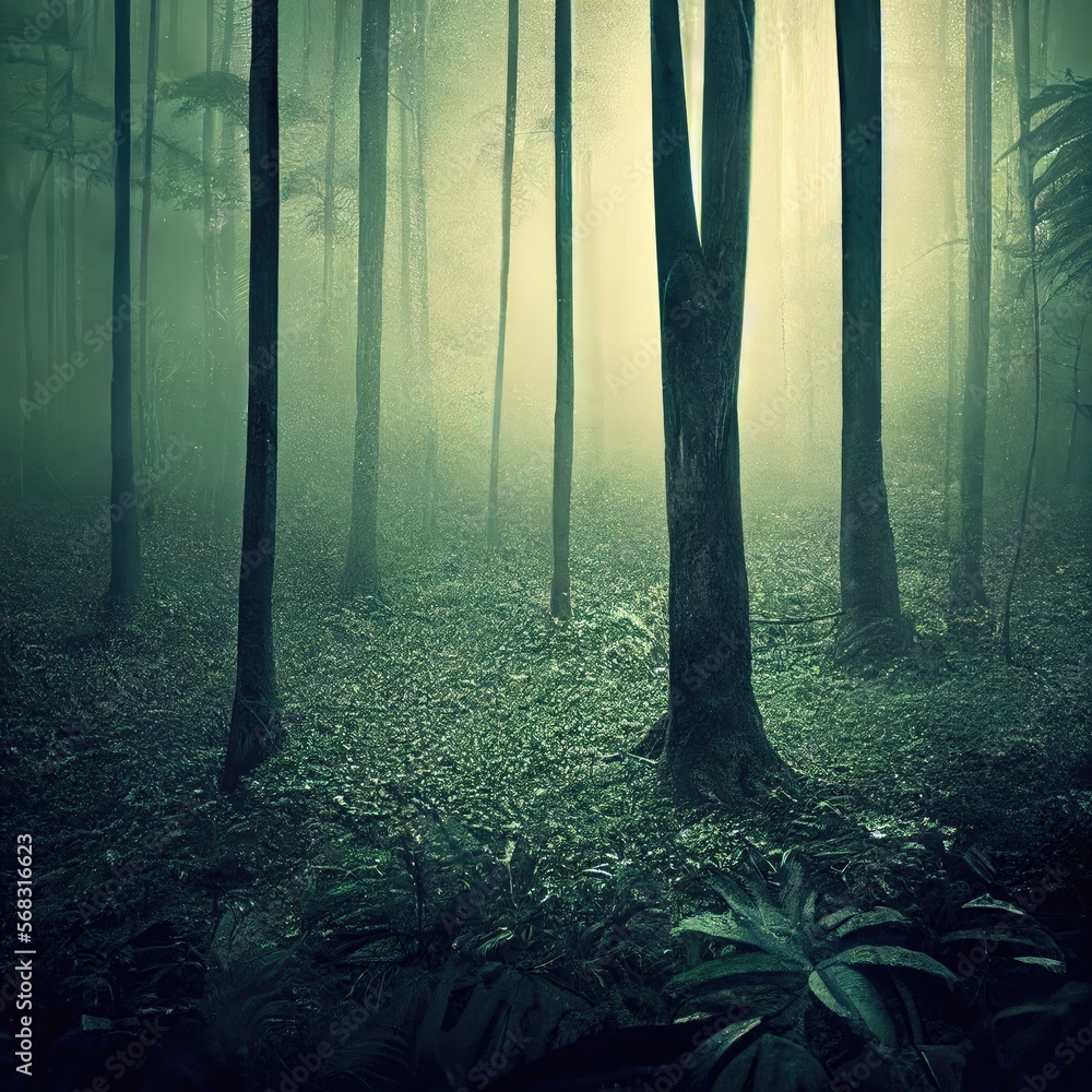 Naklejka premium tropical forest with fog lights and gloom in the jungle generative ai illustration