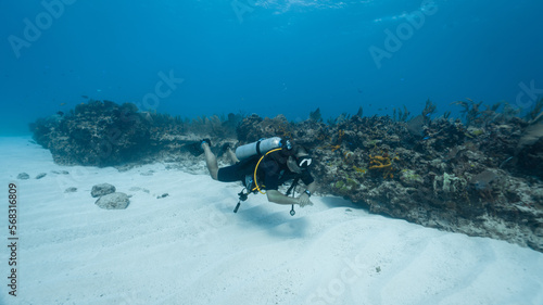 Scuba diver practicing buoyancy near coral reef © Juanmarcos