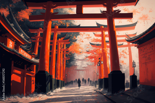 Red Torii gates in Fushimi Inari shrine in Kyoto, Japan, illustration painting. (ai generated)