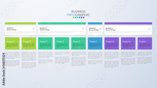 Infographic business year plan tenmplate and breakdown details 4 quarter can be use for a presentation about business plan.
