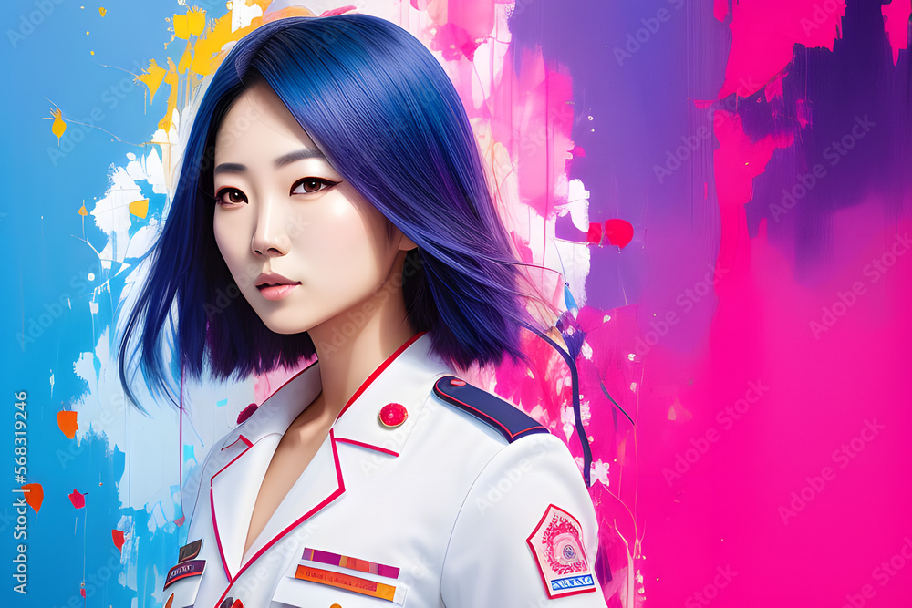 a painting portrait of a Asian woman Police Officer in outfit - Generative AI, fictitious person a painting portrait of a Asian woman Police Officer in outfit - Generative AI, fictitious person