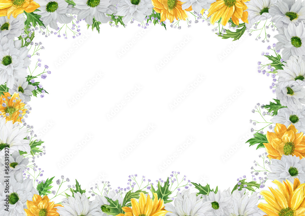 Hand-drawn watercolor rectangular frame with white and yellow chrysanthemum with gypsophila Hand-drawn watercolor rectangular frame with white and yellow chrysanthemum with gypsophila