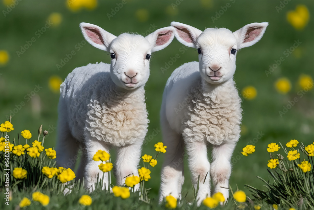 adorable white baby lambs in a springtime meadow, generative ai adorable white baby lambs in a springtime meadow, generative ai