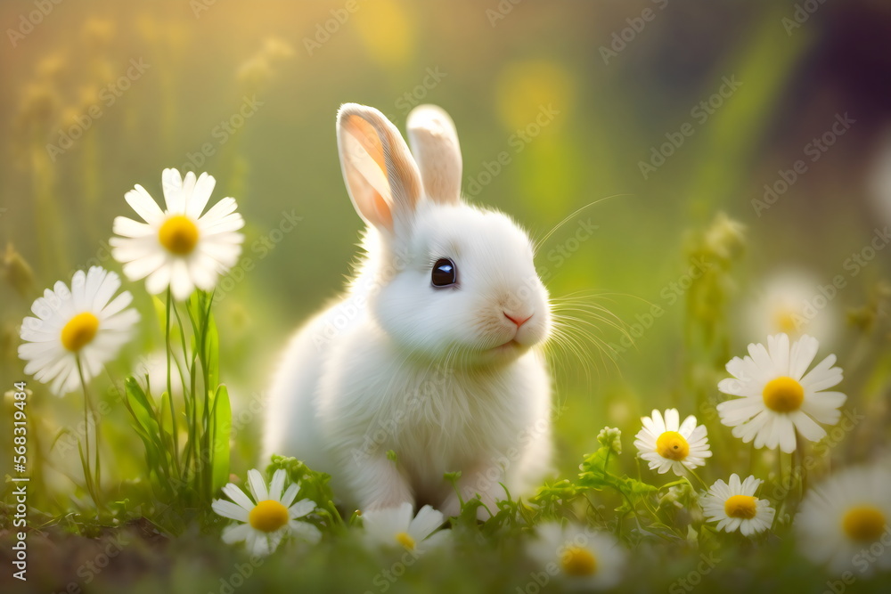 Fototapeta premium adorable white easter bunny baby in springtime meadow, generative ai
