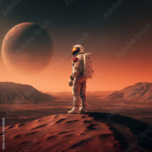 an astronaut in a spacesuit stands on the surface of the planet mars © Artem