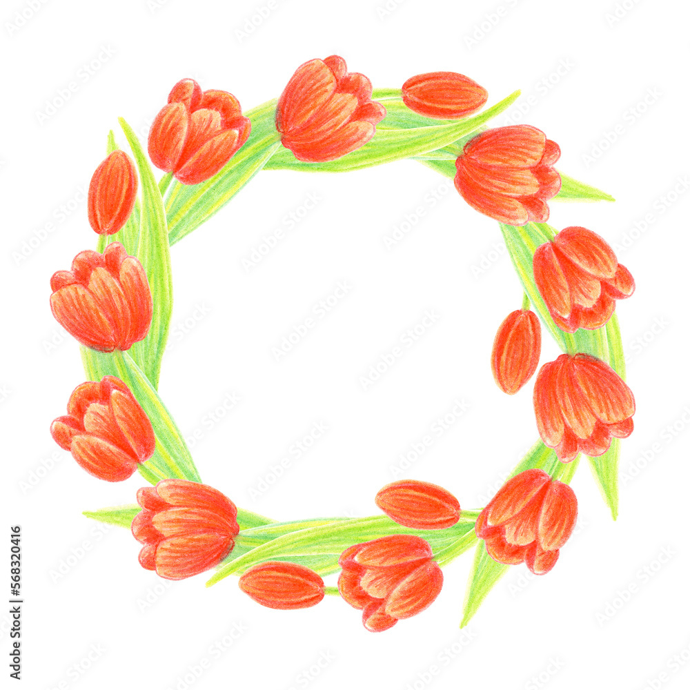 Painted red tulip flowers floral wreath. Drawn with wax crayons  illustration. Round border. Floral frame. Hand drawn illustration isolated.