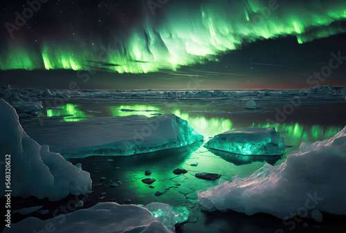 Icy sea and aurora in the sky. Generative AI © saicle