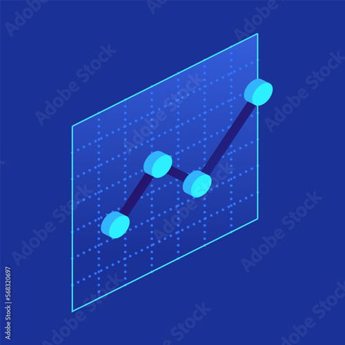 Blue line graph with points icon in isometric view. Analysis growth progress. Business charts, data graphics, statistics diagram. Vector illustration for visualization of presentation, reports concept
