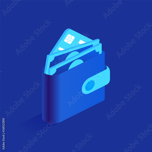 Blue wallet with banknotes and credit card icon in isometric view. Payment , banking, consumer credit, earning or making money, economy, investment. Vector illustration isolated on white background