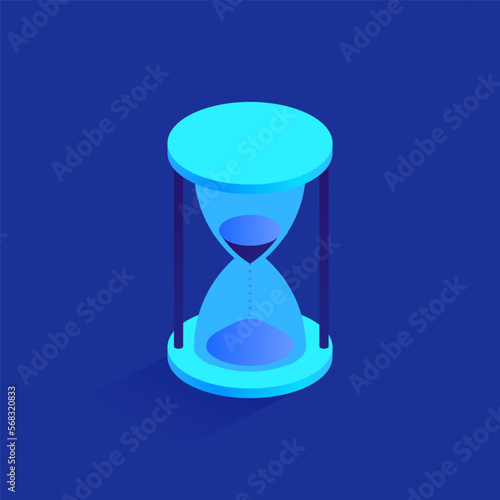Blue sand hourglass icon in isometric view. Time management, project deadlines, effective work organization, clock timer, office working time concept. Vector illustration isolated on white background