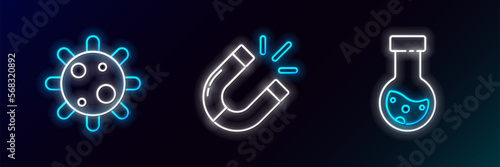 Set line Test tube and flask chemical, Bacteria and Magnet icon. Glowing neon. Vector