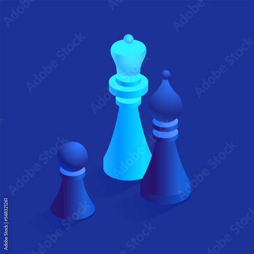 Blue chess set icon in isometric view. Chessmen pieces bishop, knight and pawn. Business metaphor of competition, strategic sports game concept. Vector illustration isolated on white background