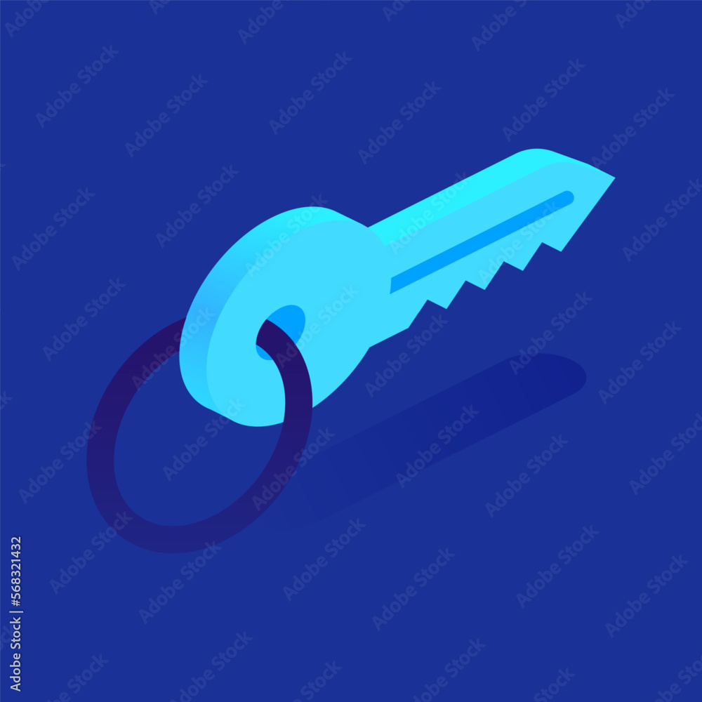 Blue key on ring, icon in isometric view. Property symbol of real estate or car, secure and safety. Access to personal account, profile Information. Vector illustration isolated on white background Blue key on ring, icon in isometric view. Property symbol of real estate or car, secure and safety. Access to personal account, profile Information. Vector illustration isolated on white background