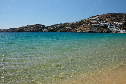 Panoramic view of the popular and beautiful sandy beach of Mylopotas in Ios cyclades Greece