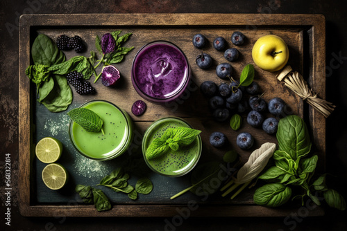 Fresh juices or smoothies in shades of green and purple, with fruit, greens, and vegetables, on a wooden tray; top view; selective focus. Concept of detoxification, clean eating, vegetarianism, vegani
