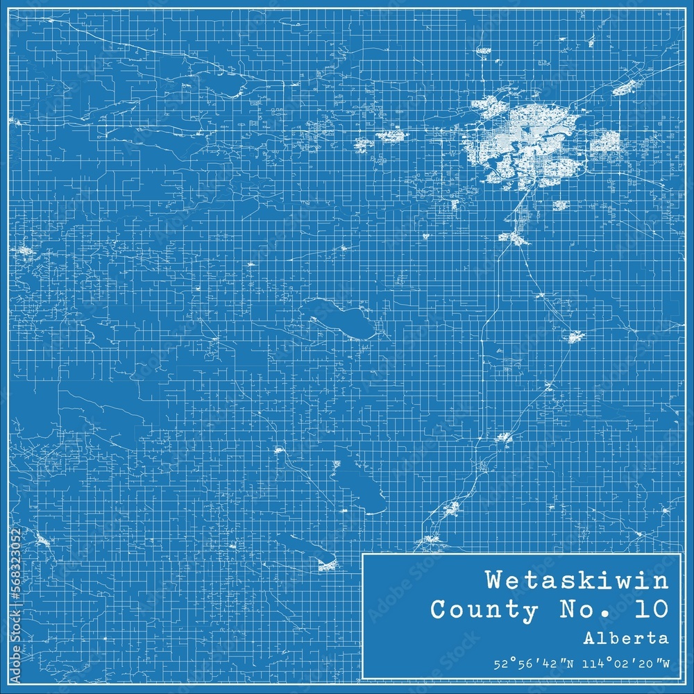 Blueprint Canadian city map of Wetaskiwin County No. 10, Alberta. Stock
