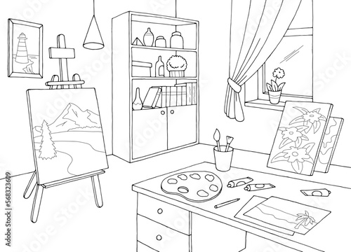 Art workshop graphic black white interior sketch illustration vector 