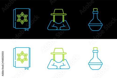 Set line Jewish wine bottle, torah book and Orthodox jewish hat icon. Vector