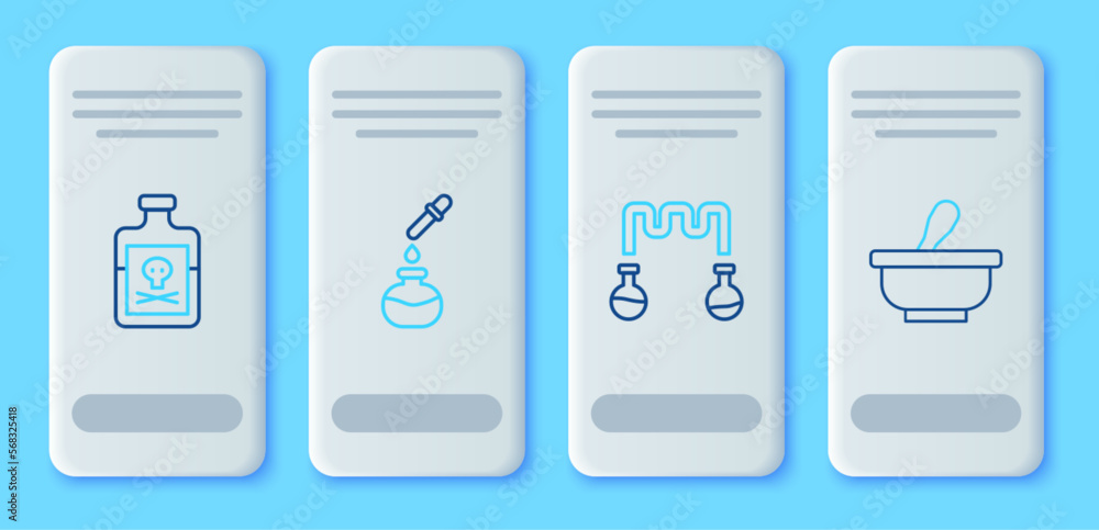 Set line Test tube and flask, Poison in bottle and Mortar pestle icon. Vector