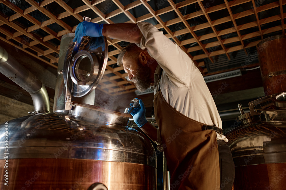 Handsome adult brewer inspecting process of brewing beer with steam