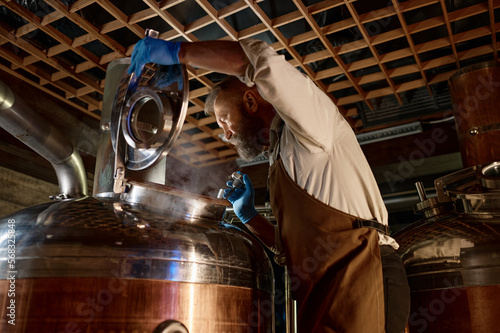 Obraz na płótnie Handsome adult brewer inspecting process of brewing beer with steam w salonie