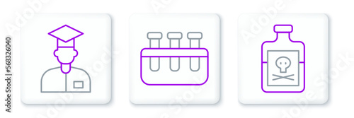Set line Poison in bottle, Laboratory assistant and Test tube and flask icon. Vector