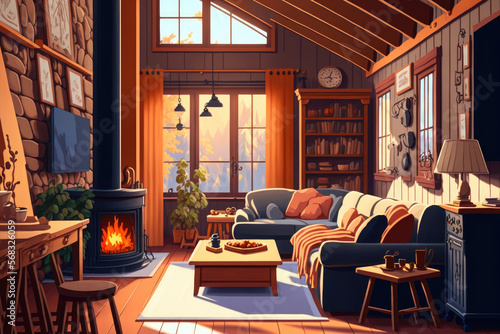 cozy warm home interior of a chic country house with an open plan, wood finishes, warm colors and a family hearth. view of the recreation area for family and guests. Generative AI