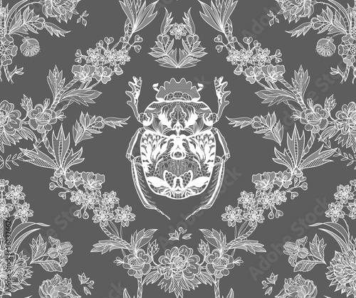 Seamless lace pattern. Flowers, scarab beetle