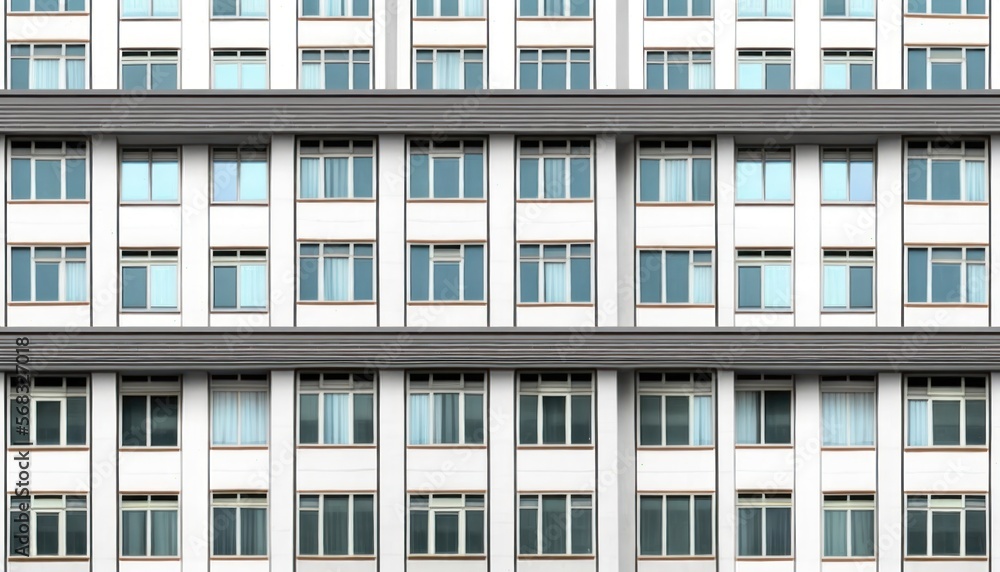 The facade of a modern office or apartment building features windows and balconies. generative ai