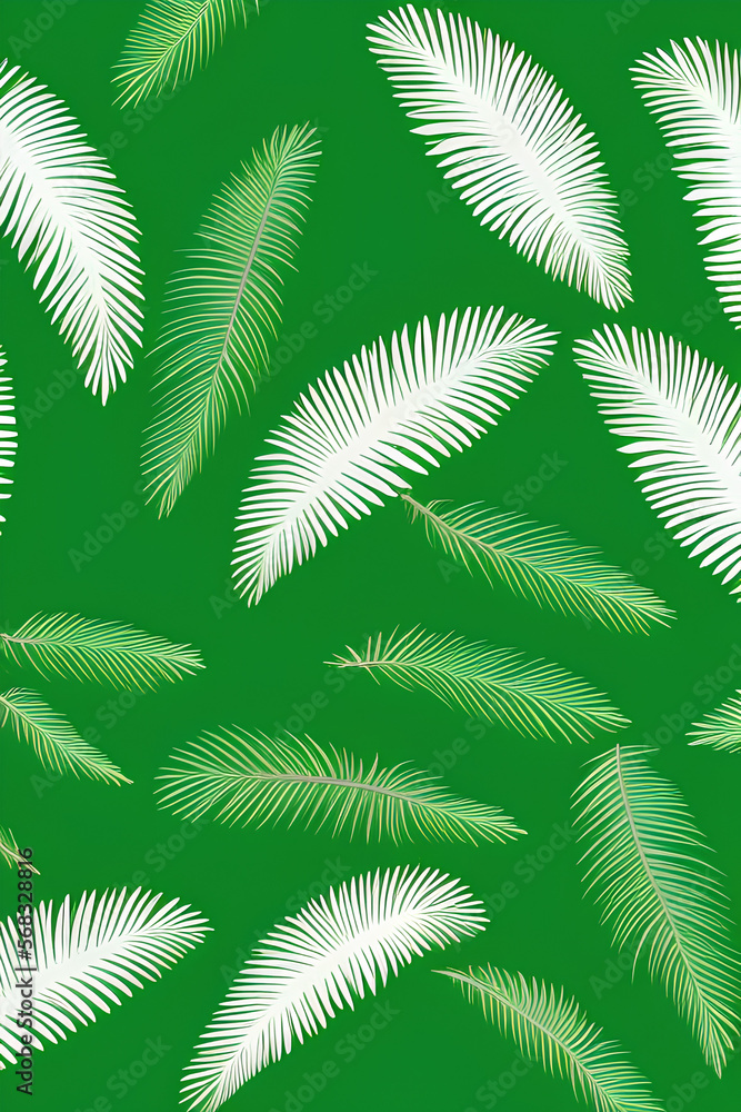 Seamless pattern of white and green fern leaves on green background. Generative AI
