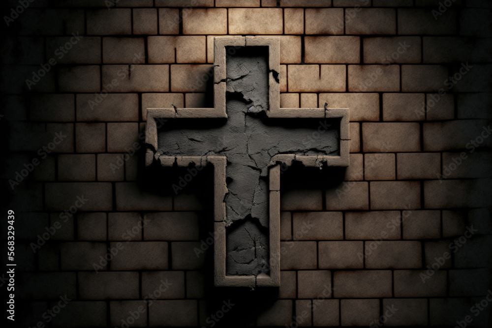 notion of religion wooden cross on fresh black plastered brick wall; several crosses. Generative AI