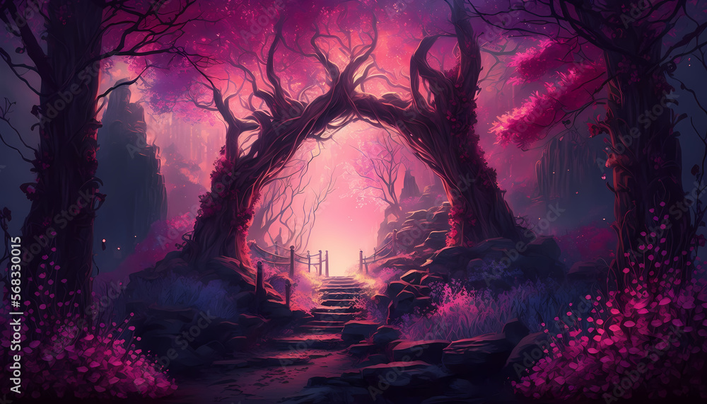 Cherry Blossom Forest Stairway to Fey World, Enchanted Journey to the Land of Magic, Generative AI