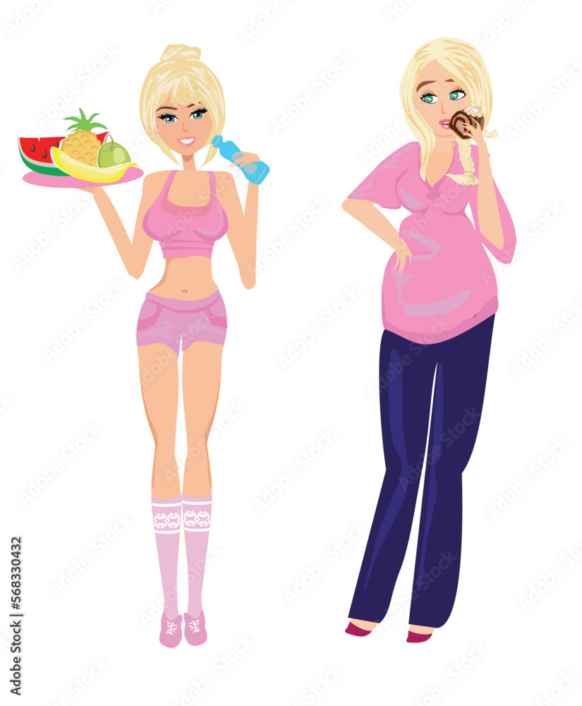 Illustration of thick and thin girls - nutritional differences Illustration of thick and thin girls - nutritional differences
