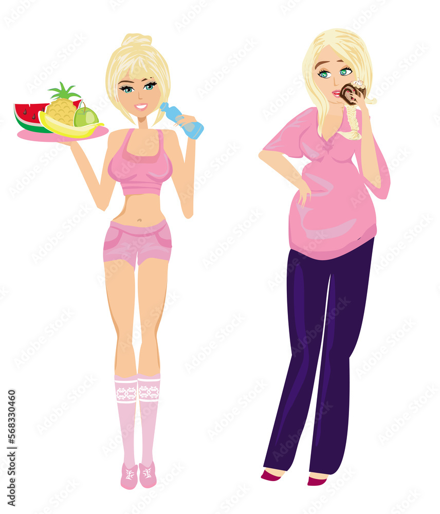 Illustration of thick and thin girls - nutritional differences