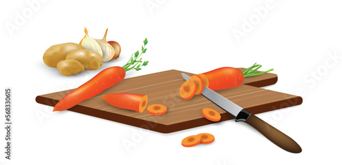 Fresh carrots cut into slices with a knife on a wooden cutting board, other vegetables - potatoes and onions nearby. The process of preparing soup, stew, other vegetable dishes. Healthy food concept.