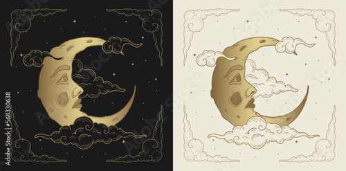 Beautiful and shining moon face. Golden art illustration