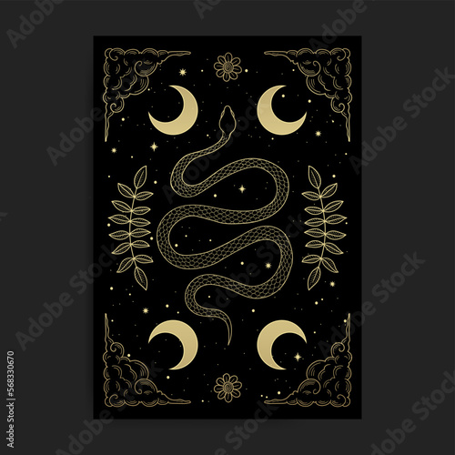 Sacred geometry snake symbol with crescent moon and leaf decoration