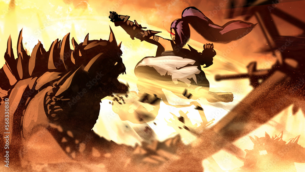 A fearless warrior girl with a crushing blow kicks a huge monster troll