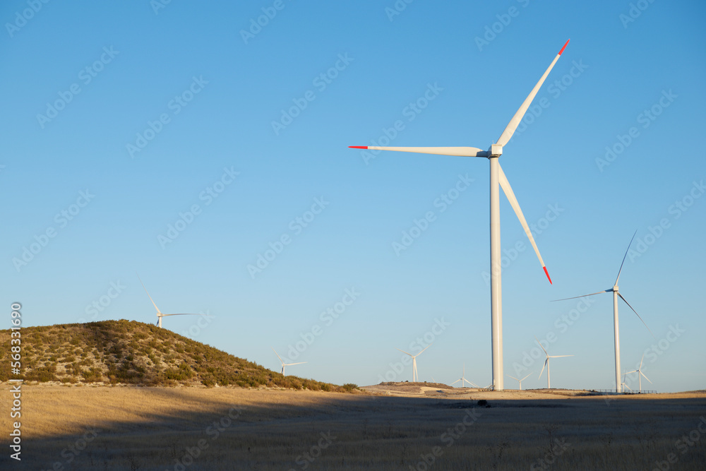 Windmills for energy production in Zaragoza province, Spain.