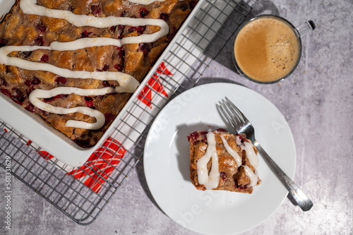 cranberry coffee cake with coffee photo