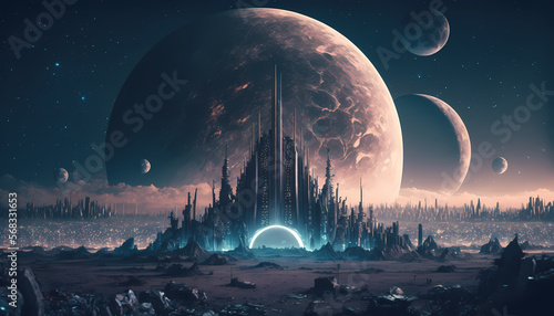A Journey to the Future: A Futuristic City on the Moon with Earth in the Background, Generative Ai