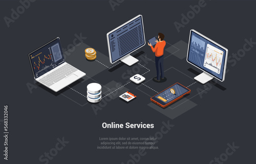 Online Services For Buy And Sell Digital Currency. Character Analyse Market And Buy Securities On Stock Market. Investment in Modern Technology Using Current Service. Isometric 3d Vector Illustration