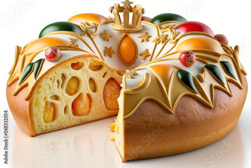 Photo Epiphany cake is a traditional King's Day bread that is depicted on a white backdrop with holiday decorations