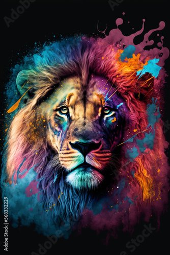 Colorful Paintings. Wild animals in colors. Realistic AI art Lion. 