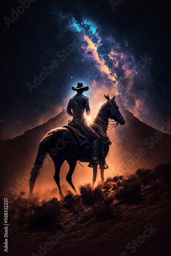 Western Cowboy riding his horse at night under the milky way galaxy. 