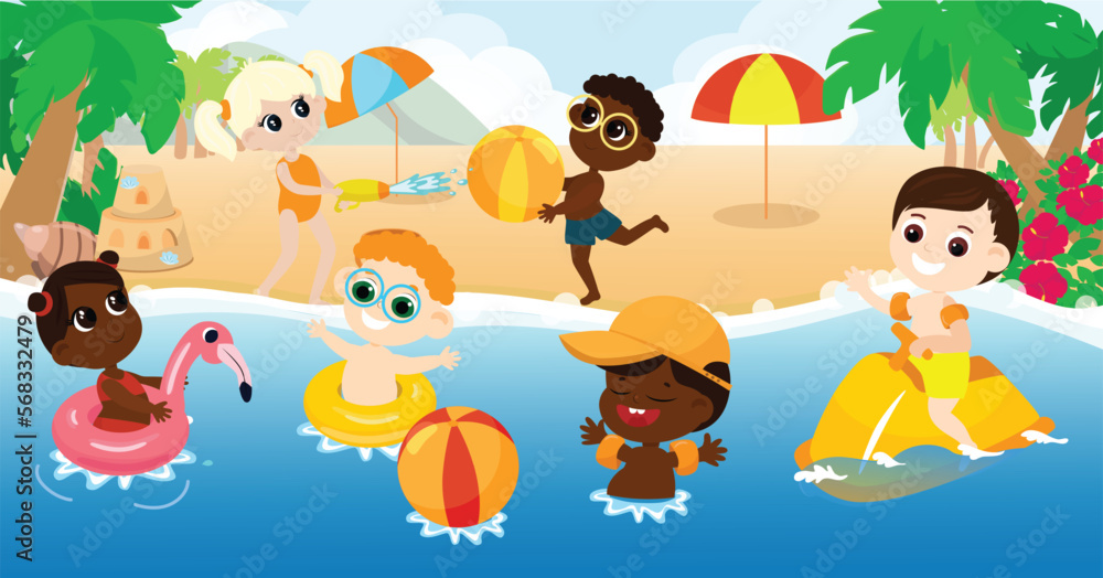 Obraz premium Multicultural children boy and girl play in the water on the beach in inflatable circles and on a water scooter. Horizontal banner in cartoon style. Children are happy and cheerful.