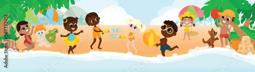 A multicultural group of children playing on the seashore with a ball  with a dog shoot each other with water pistols  building sandcastles  sunbathing and having fun. 