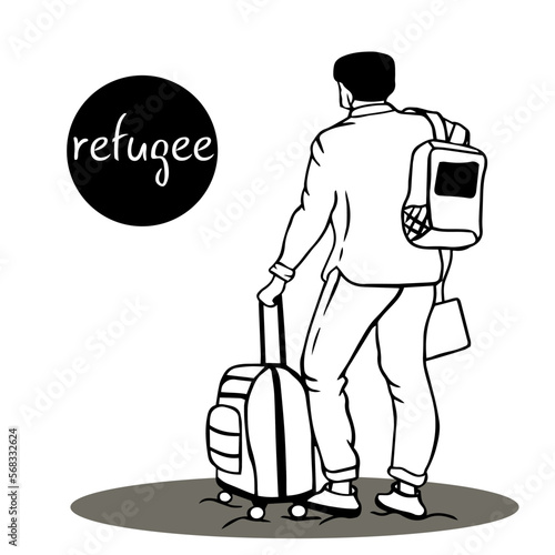 refugee with suitcase on wheels leaves his country. long travel, danger, wander. Refugee Day. families are fleeing from the war across the border to peaceful area.