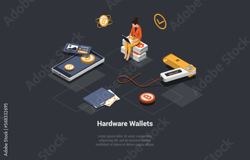 Cryptocurrency Safe Storage And Hardware Offline Decentralized Wallet. Female Character Sending Cryptocurrency Paying For Goods And Services Safe All Over The World. Isometric 3d Vector Illustration