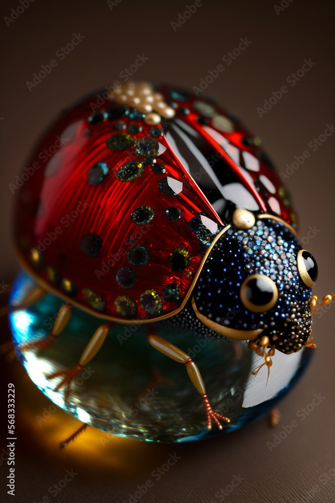 Fototapeta premium A ladybug made of tiny glass beads. Realistic AI art